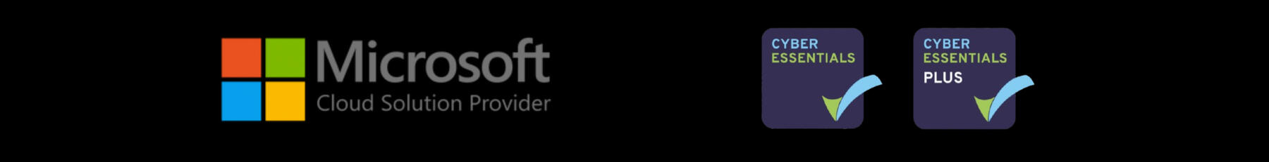 The certification logos of BSI & UKAS management systems, Microsoft Cloud Solutions Provider, Cyber essentials and cyber essentials plus, BSI ISO 9001 & ISO 14001