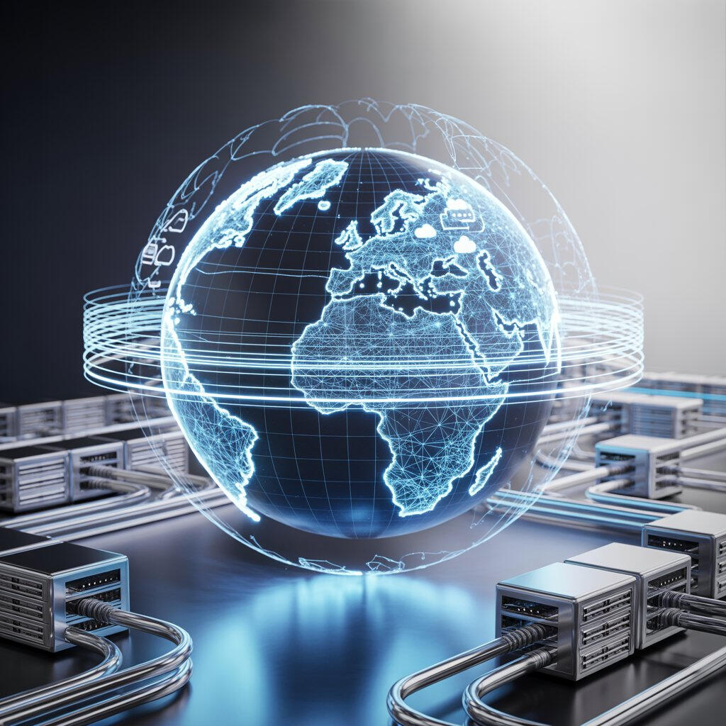 A grey earth graphic, with red curved lines going around it